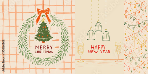 Festive christmas and new year illustrations with wreaths champagne and decorations