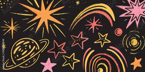 Colorful chalk drawing of stars planets and celestial fireworks on black background