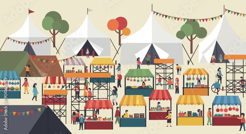 Vibrant outdoor festival with colorful tents, lively stalls, and a cheerful crowd enjoying music and crafts.