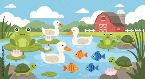 Playful pond scene featuring ducks frogs fish lilies and reeds in a sunny rural landscape.
