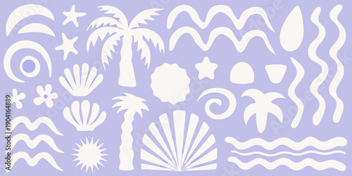A playful composition of tropical elements and whimsical shapes in pastel