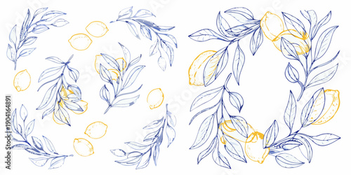 Stylized botanical illustration featuring lemon branches and bright yellow citrus fruits