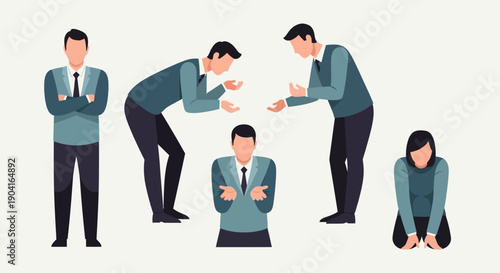 Workplace Bullying Depicted by Colleagues Surrounding a Silenced Employee in an Office Scenario.