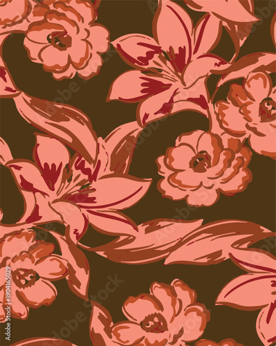 Big flowers pattern, upscale floral pattern. graphical textures floral, trendy colors pattern , flowers background with leaves. vector illustration.