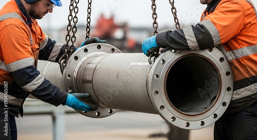 Two workers in orange vests lifting a large metal pipe with chains blue gloves 1