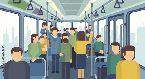 Crowded urban bus interior filled with diverse passengers during daytime commute.