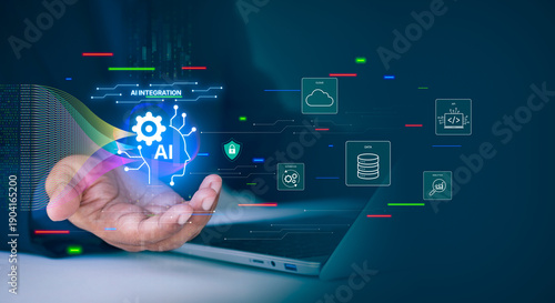 AI integration system connecting data, cloud, automation, API, and analytics through a central AI core, futuristic glowing circuit lines, Holographic UI overlay for business and technology solutions