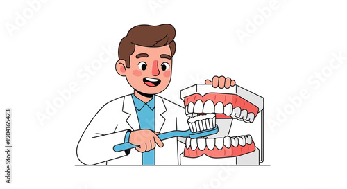 Dentist cleaning giant model teeth with toothbrush