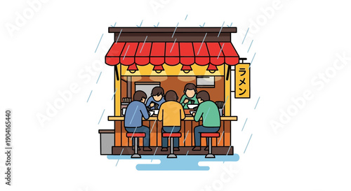 People eating at ramen food stand on rainy day