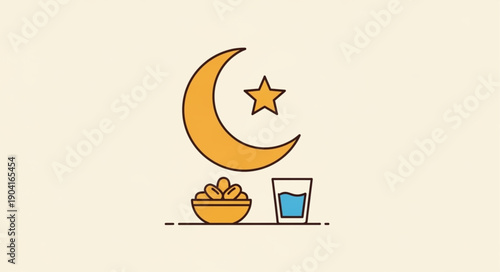 Ramadan crescent moon star dates and water glass illustration.