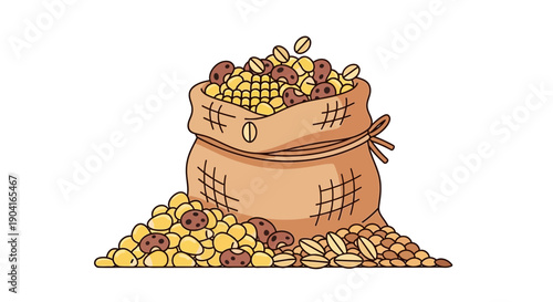 Coffee beans and corn in a burlap sack