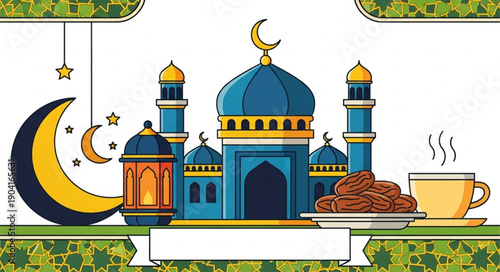 Ramadan celebration with mosque crescent moon and dates.