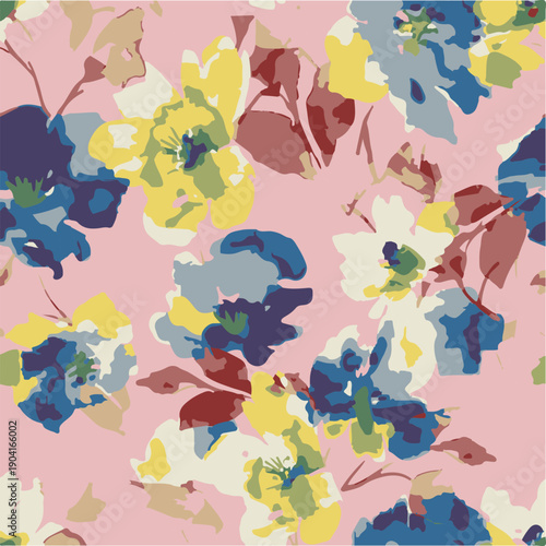 Big flowers pattern, upscale floral pattern. graphical textures floral, trendy colors pattern , flowers background with leaves. vector illustration.