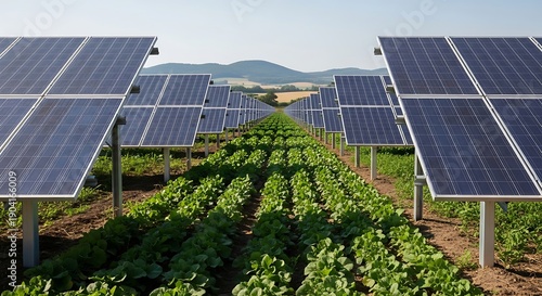 Rows of solar panels above green leafy crops in a sunny agricultural field with distant hills