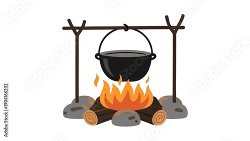 A classic campfire setup with a black cauldron or cooking pot hanging over a roaring fire.