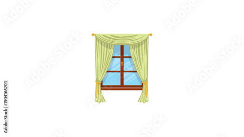 A simple illustration of a wooden window with light green curtains tied to the sides.