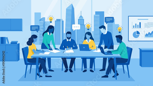 Collaborative team brainstorming session in modern office environment