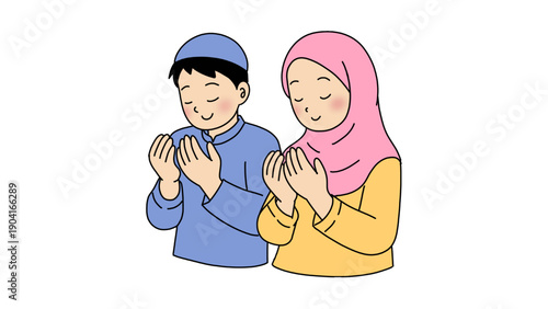 A cute cartoon illustration of a young Muslim man and woman praying together with their hands raised.