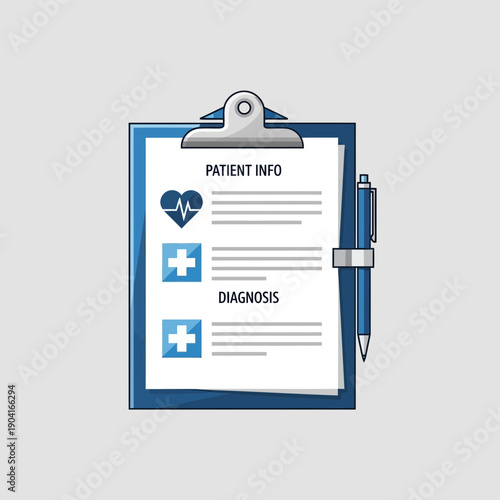 Medical clipboard with patient info and diagnosis form, pen attached