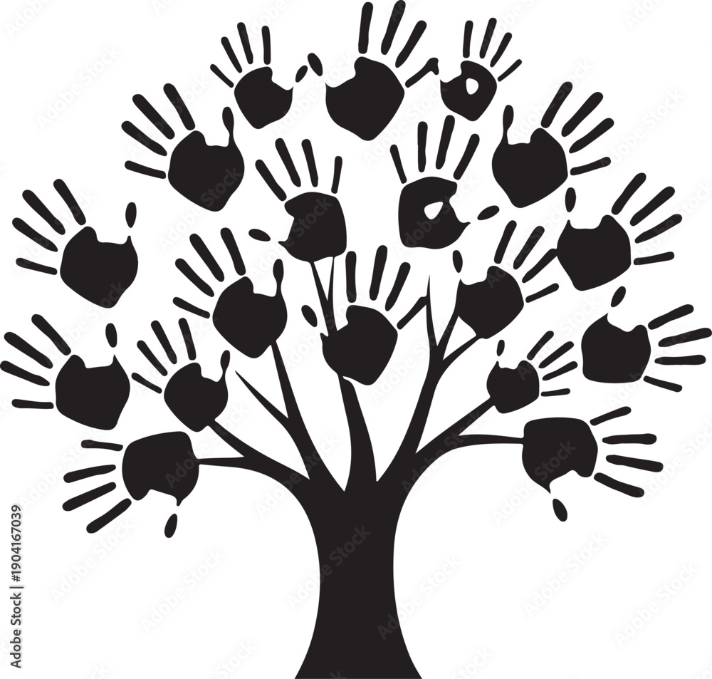 Fototapeta premium family handprint tree silhouette pack featuring a creative tree design made from handprints, symbolizing love, growth, unity, and togetherness