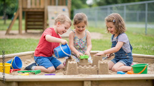 Kids playing in sandbox and building sandcastle at playground  