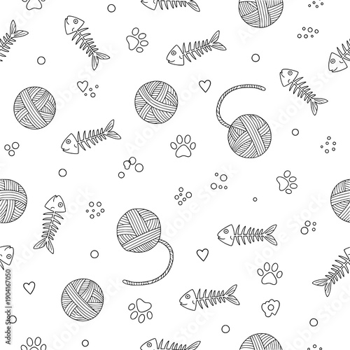 Modern scattered cat elements seamless repeat with paw prints and yarn vector