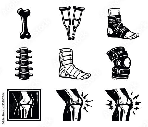 Hand drawn orthopedic injury set featuring bones, crutches, braces, and bandages for medical care and recovery