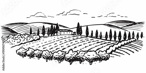 A serene tuscan landscape with rolling hills vineyards and a quaint farmhouse
