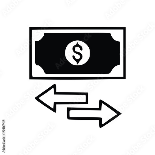 A black and white illustration depicting a banknote with a dollar sign and two opposing arrows symbolizing exchange or transfer of money.
