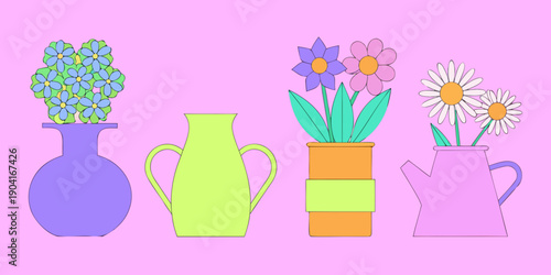Colorful flower arrangements in various vases on a vibrant pink background