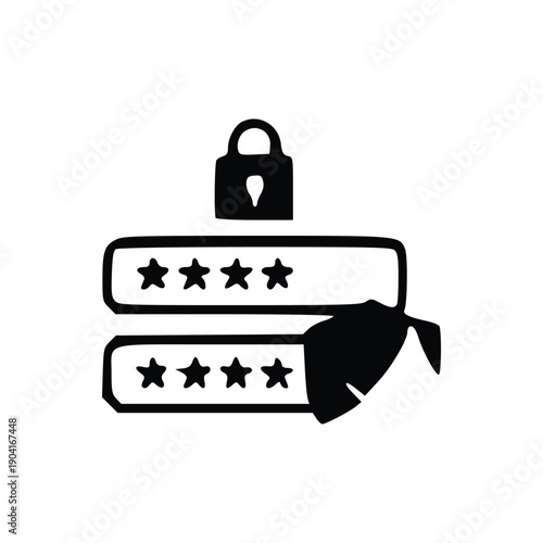Illustration of a padlock securing two input fields filled with asterisks, representing password security and protection against unauthorized access.