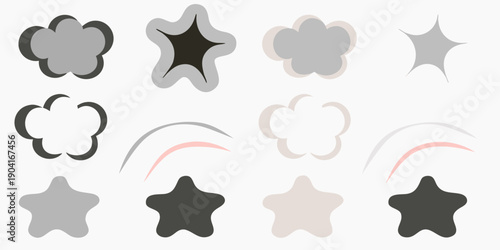 Various abstract shapes and star like forms in grayscale and pink hues