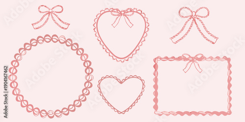Delicate pink sketched frames bows and heart shapes on a pastel background
