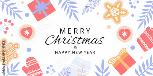 Festive christmas and new year illustration with gifts snowflakes and winter foliage