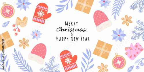 Festive christmas and new year illustration with gifts hats and ornaments