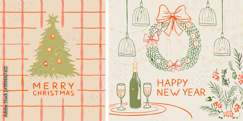Festive christmas and new year illustrations with trees wreaths and champagne
