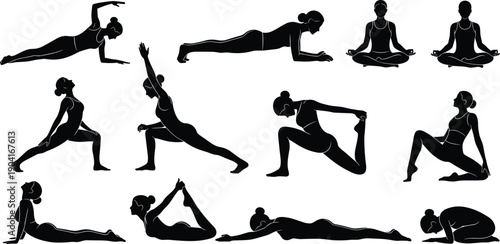 Set of yoga silhouette collection featuring women practicing different poses like lotus plank and cobra for fitness wellness exercise health mindfulness and spiritual balance.