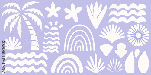 A playful arrangement of tropical plants rainbows and wave patterns in white
