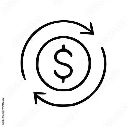 A black and white line drawing of a dollar coin with circular arrows indicating exchange or recycling.