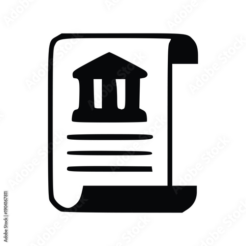 A black and white illustration of a scroll with a building resembling a courthouse or government building on it.