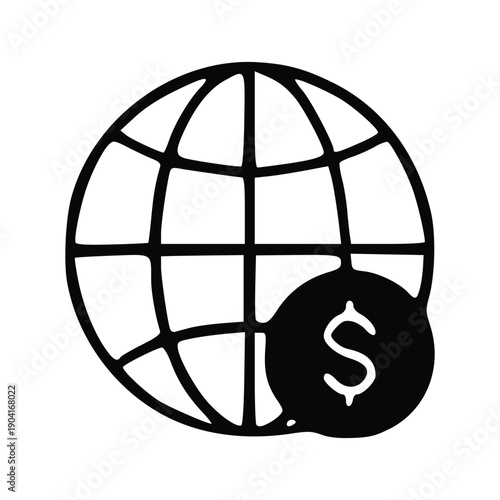 A black and white illustration of a globe with a dollar sign in a circle on its lower right side.