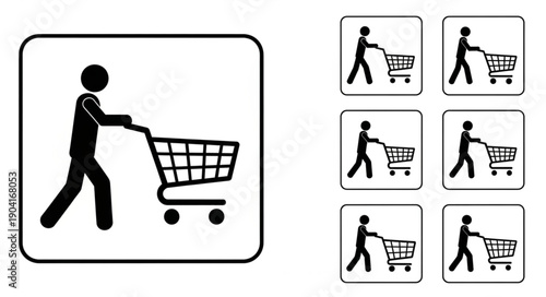 Person pushing a shopping cart icon set.