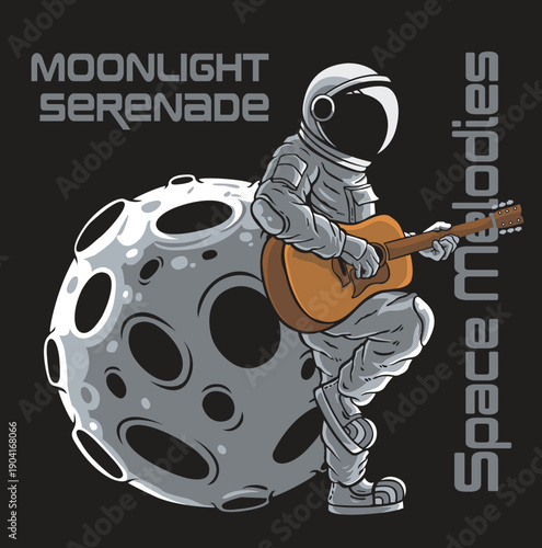 Astronaut playing guitar on the moon with "Moonlight Serenade" and "Space Melodies" typography