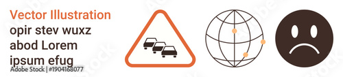 Traffic safety, global communication, international relationships, emotions, travel alerts, road safety. Traffic warning sign, globe with connection points sad face. Traffic safety and global