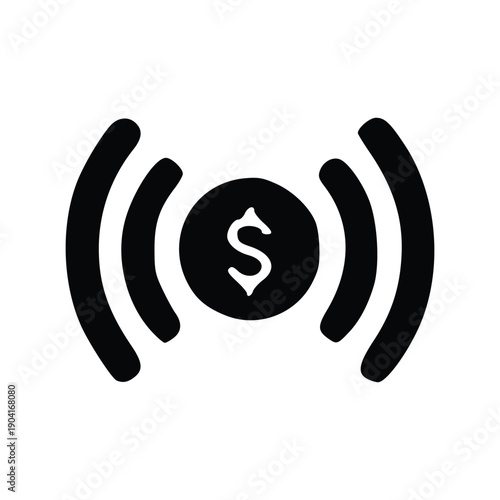 A black and white graphic illustration of a contactless payment symbol with a dollar sign in the center.