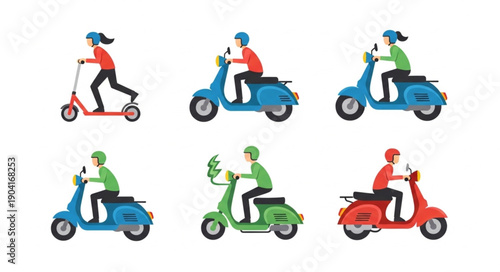 People riding scooters and motorbikes in different colors.