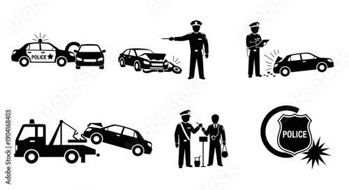 Police officers and car accident icons set.