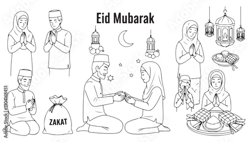 Eid Mubarak Hand-Drawn Muslim Family Celebration Vectors Set