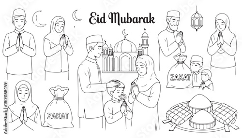 Eid Mubarak Hand-Drawn Muslim Family Celebration Vectors Set