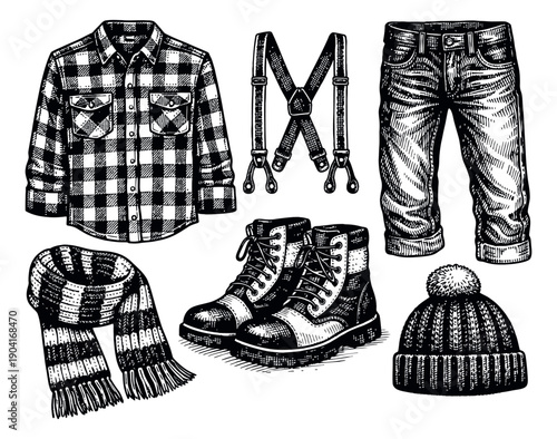Hand drawn line art casual apparel set featuring a plaid shirt, jeans, boots, suspenders, scarf, and beanie for winter fashion